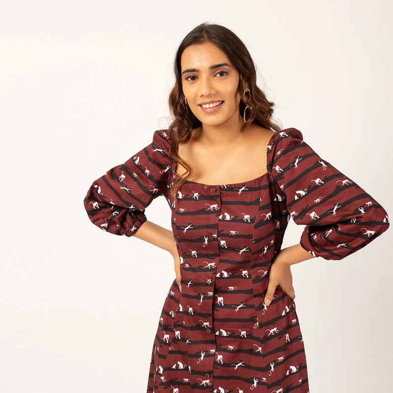 100% Cotton Maroon Printed Midi Dress with Puffed Sleeves