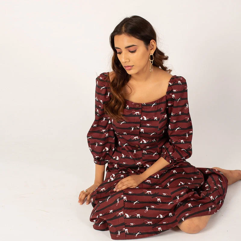 100% Cotton Maroon Printed Midi Dress with Puffed Sleeves