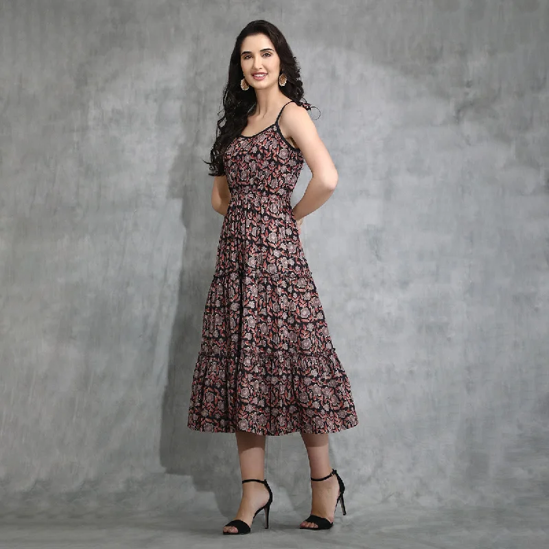 Cotton Black Maxi Dress For Women | Tiered | Floral Print