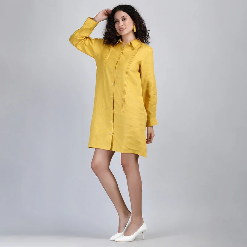 Pure Linen Mini Shirt Dress  | Mustard