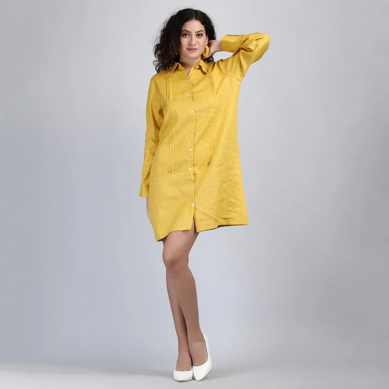 Pure Linen Mini Shirt Dress  | Mustard