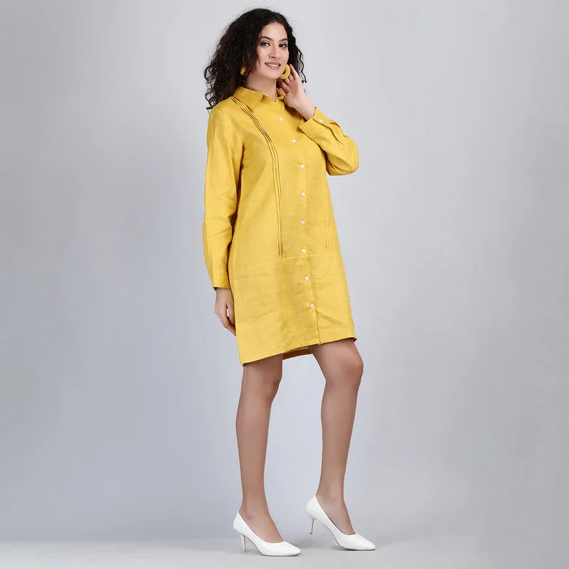 Pure Linen Mini Shirt Dress  | Mustard