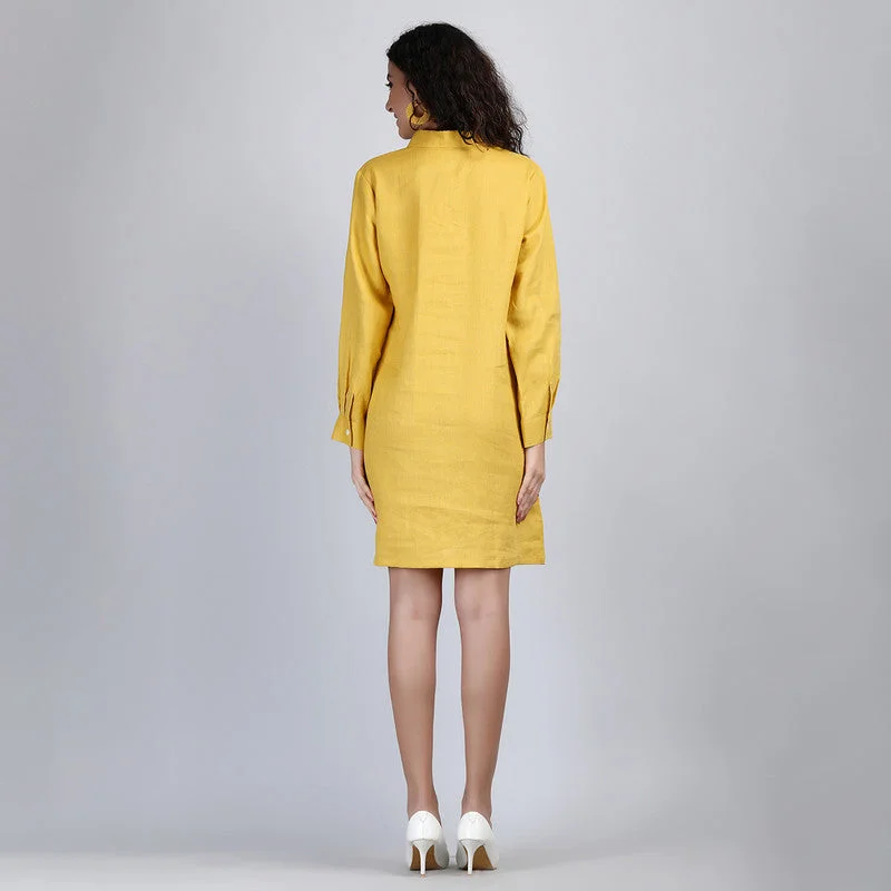 Pure Linen Mini Shirt Dress  | Mustard