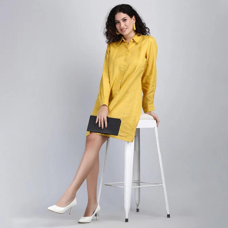 Pure Linen Mini Shirt Dress  | Mustard