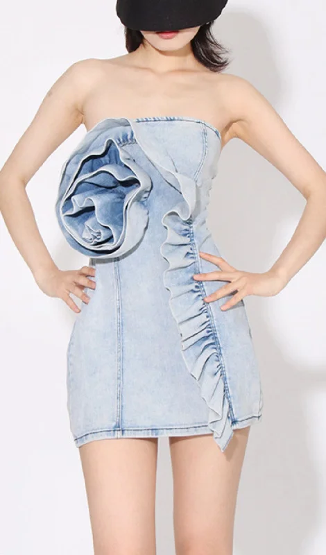 3D FLOWER DENIM MINI DRESS