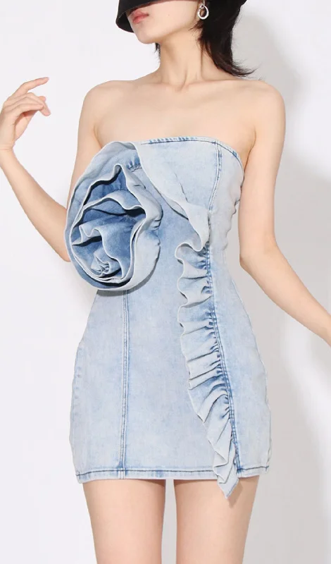 3D FLOWER DENIM MINI DRESS