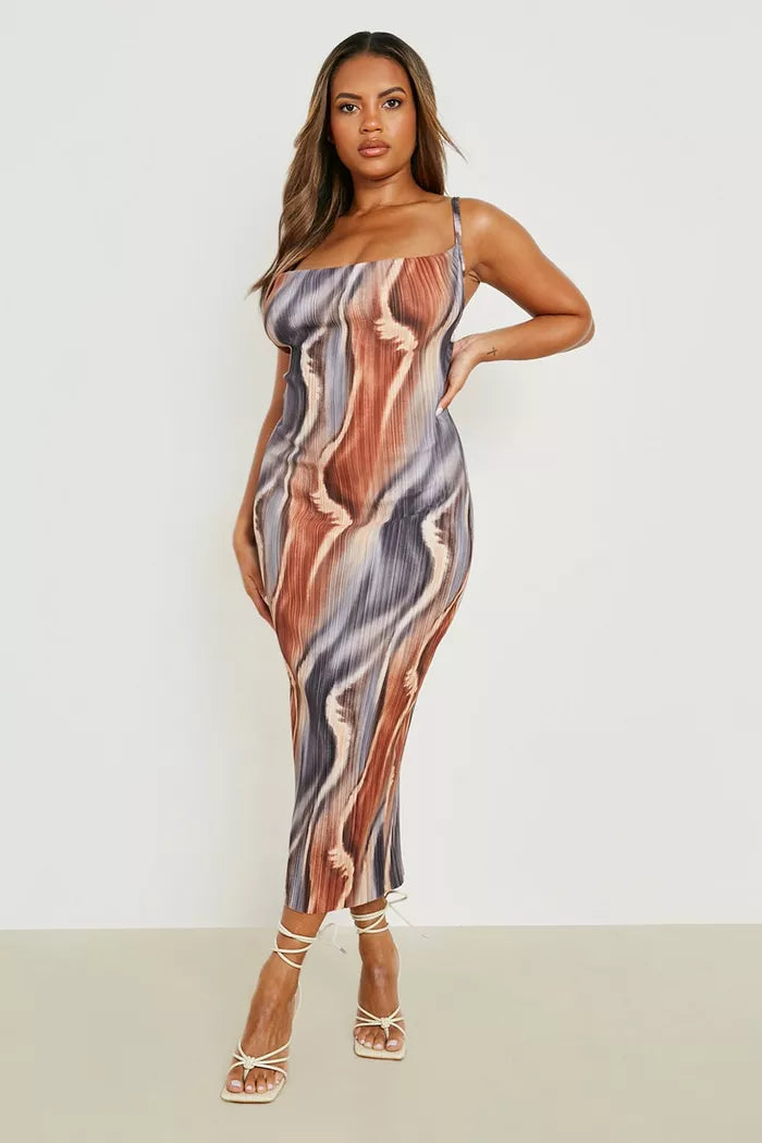 Abstract Plisse Cowl Neck Midi Dress