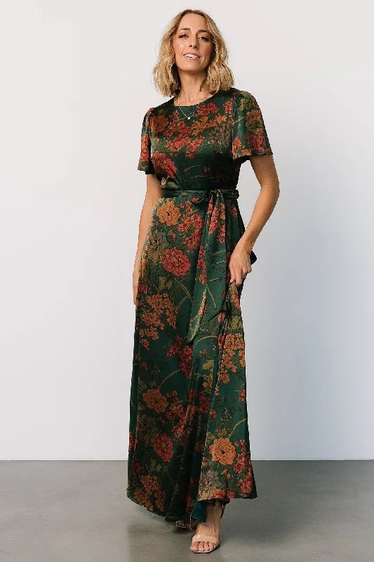 Agnes Satin Maxi Dress | Dark Green Floral