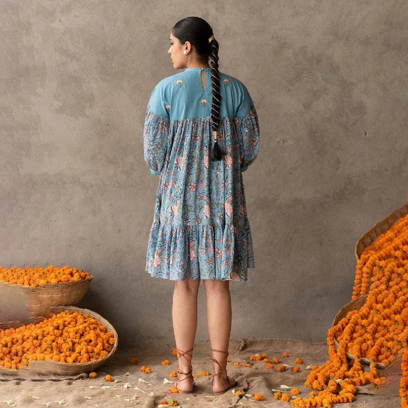 Cotton Mini Flared Dress for Women | Block Printed | Blue