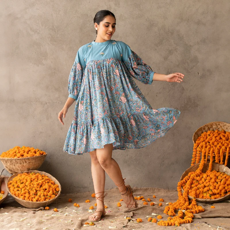 Cotton Mini Flared Dress for Women | Block Printed | Blue