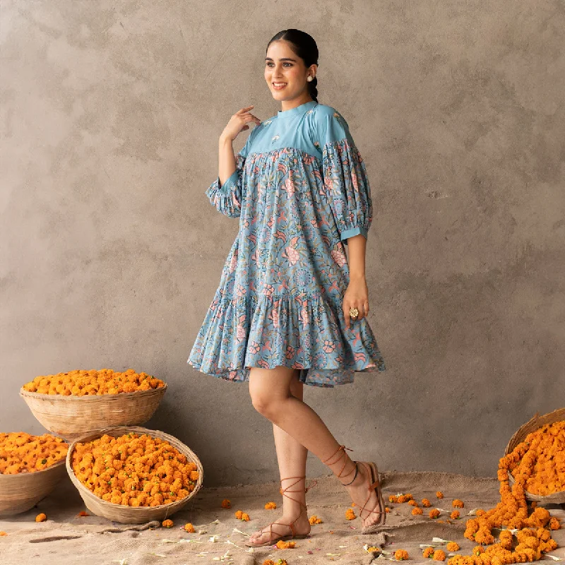 Cotton Mini Flared Dress for Women | Block Printed | Blue