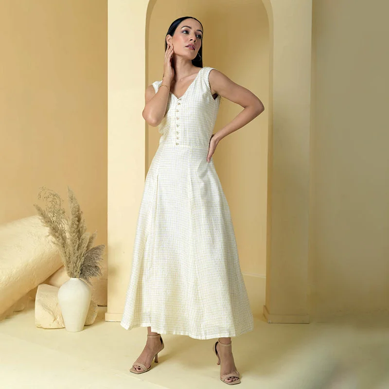 Chanderi Cotton Maxi Dress for Women | Checkered | Ivory