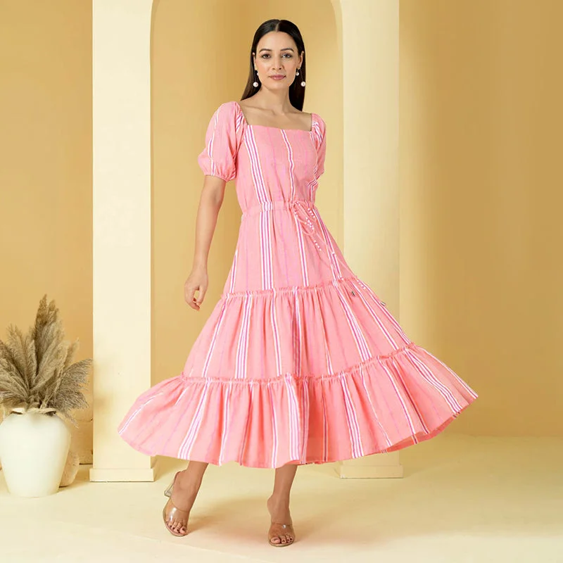 Handloom Cotton Maxi Dress | Striped | Pink