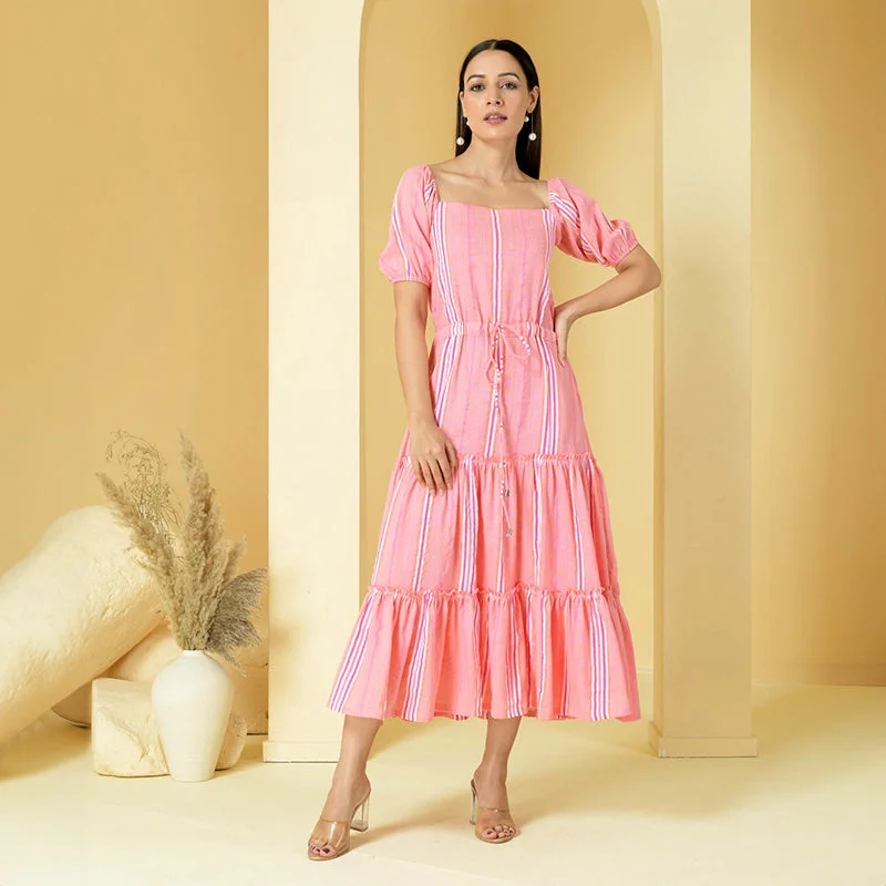 Handloom Cotton Maxi Dress | Striped | Pink