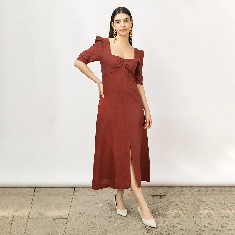 Red Midi Dress for Women | Hemp Cotton | Front Slit