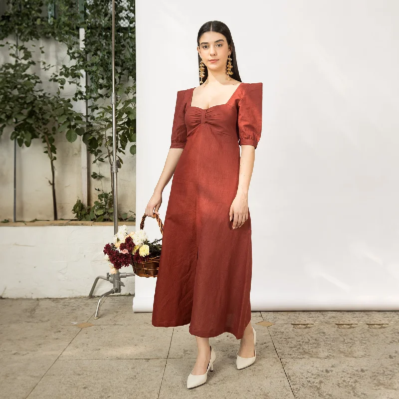 Red Midi Dress for Women | Hemp Cotton | Front Slit