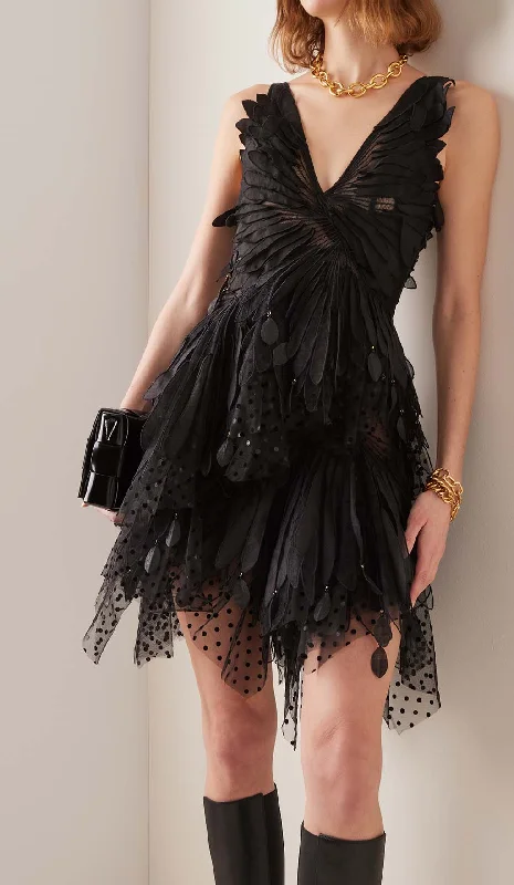 APPLIQUÉD TULLE MINI DRESS IN BLACK