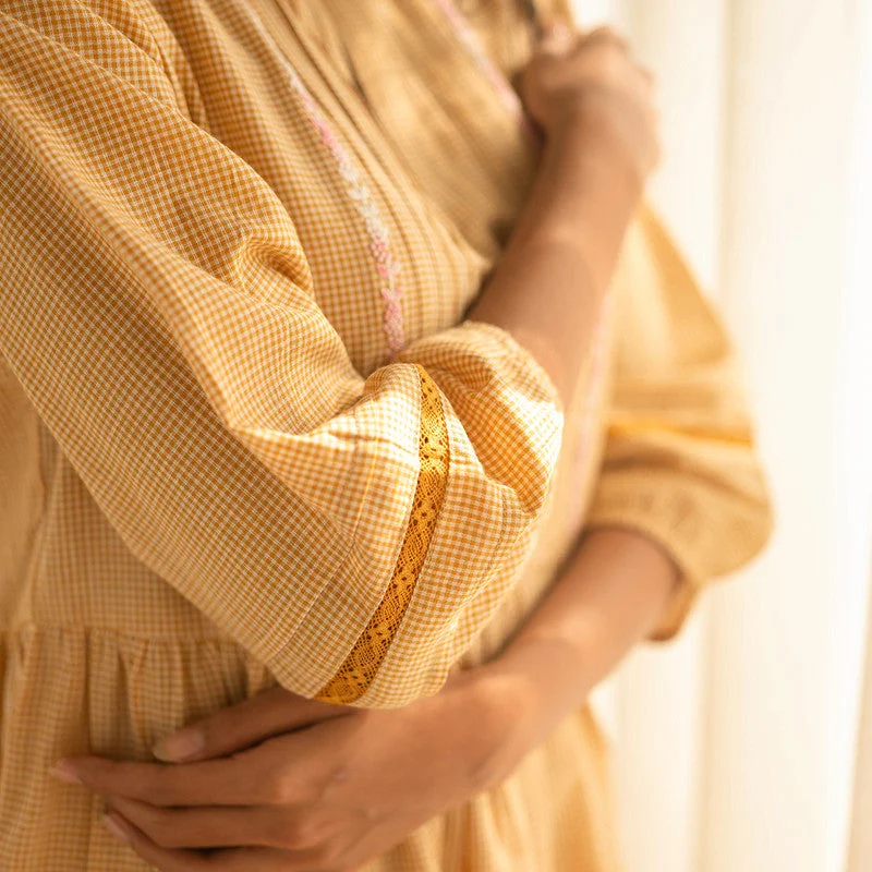 Pure Cotton Midi Dress | Hand Embroidered | Yellow