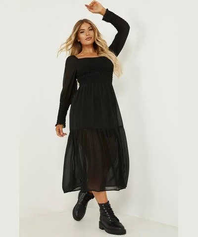 Black Chiffon Shirred Tiered Midi Dress