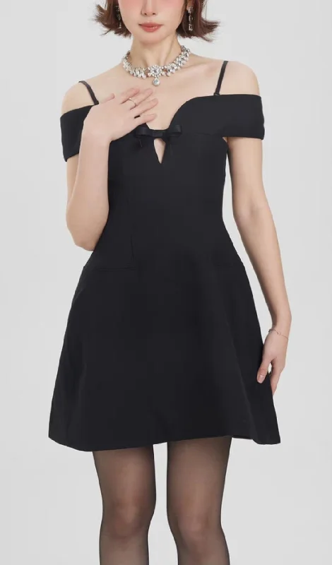 BOW ONE-SHOULDER MINI DRESS IN BLACK