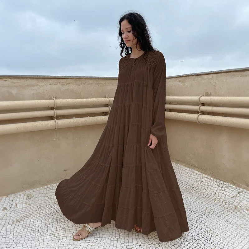 Cotton Tiered Maxi Dress | Embroidered | Brown