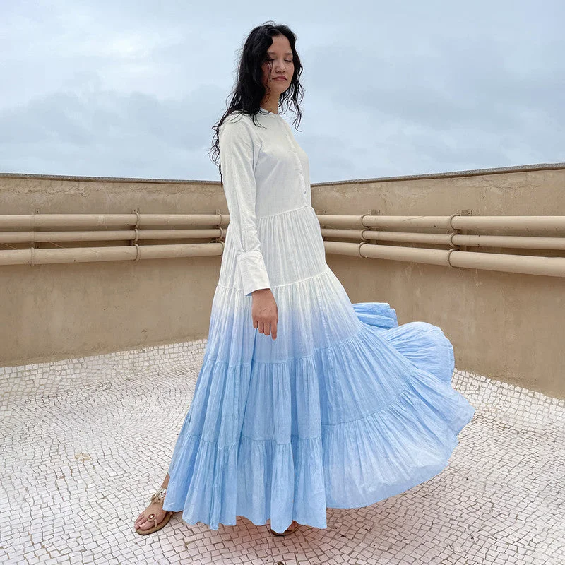 Tiered Maxi Dress | Pure Cotton | Ombre-Dyed | White & Blue