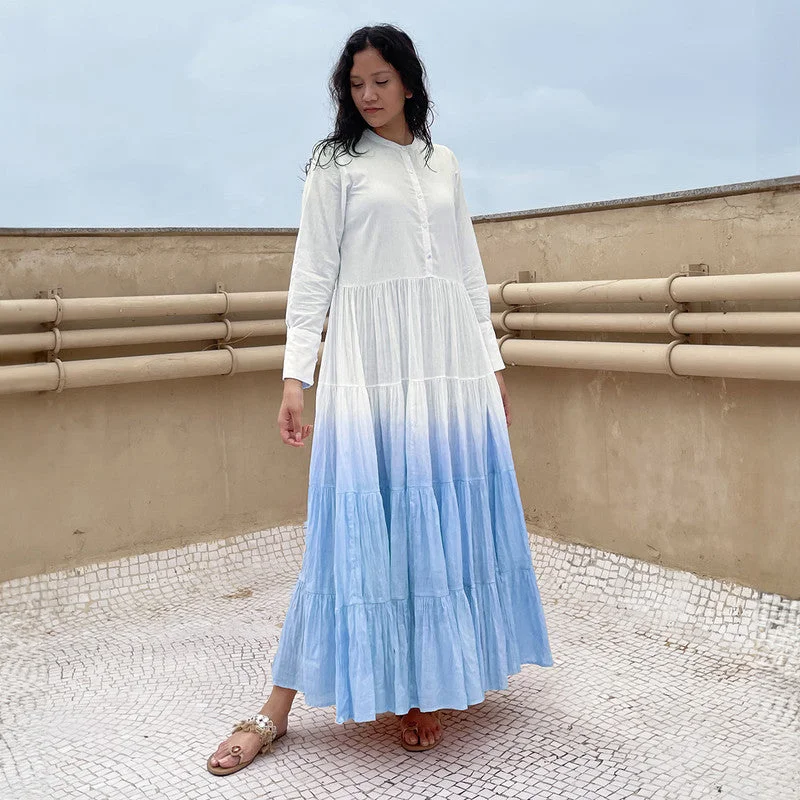 Tiered Maxi Dress | Pure Cotton | Ombre-Dyed | White & Blue