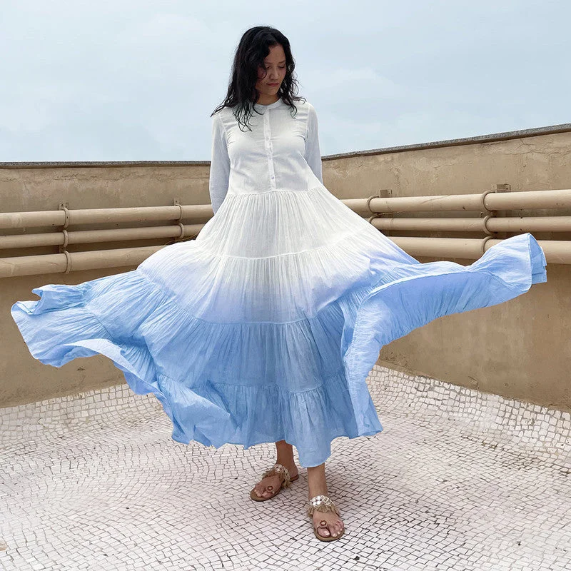 Tiered Maxi Dress | Pure Cotton | Ombre-Dyed | White & Blue