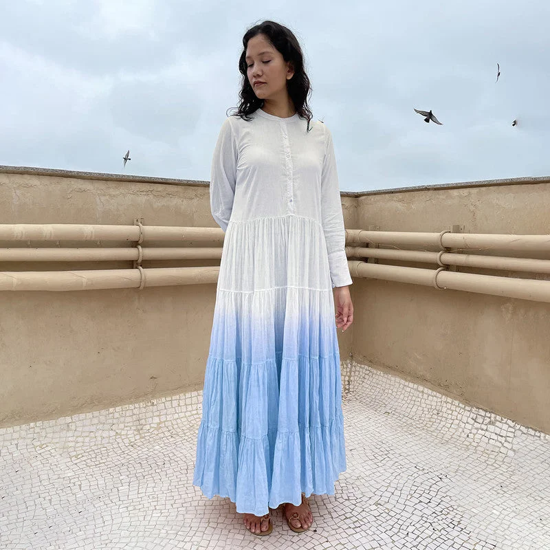 Tiered Maxi Dress | Pure Cotton | Ombre-Dyed | White & Blue