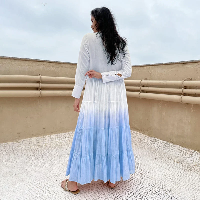 Tiered Maxi Dress | Pure Cotton | Ombre-Dyed | White & Blue