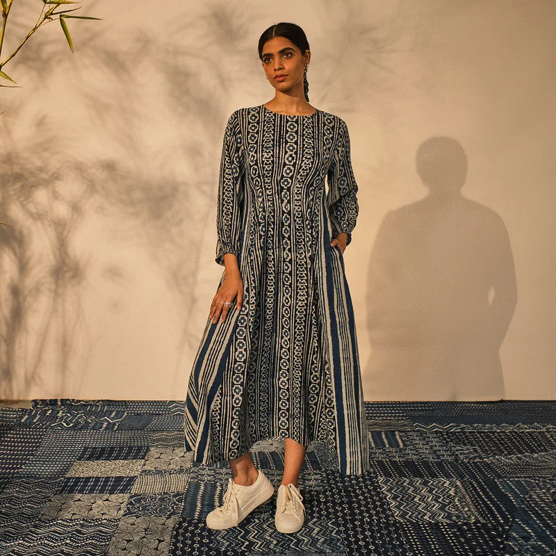 Cotton Maxi Dress for Women | Geometric Print | Indigo