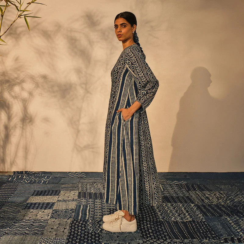 Cotton Maxi Dress for Women | Geometric Print | Indigo