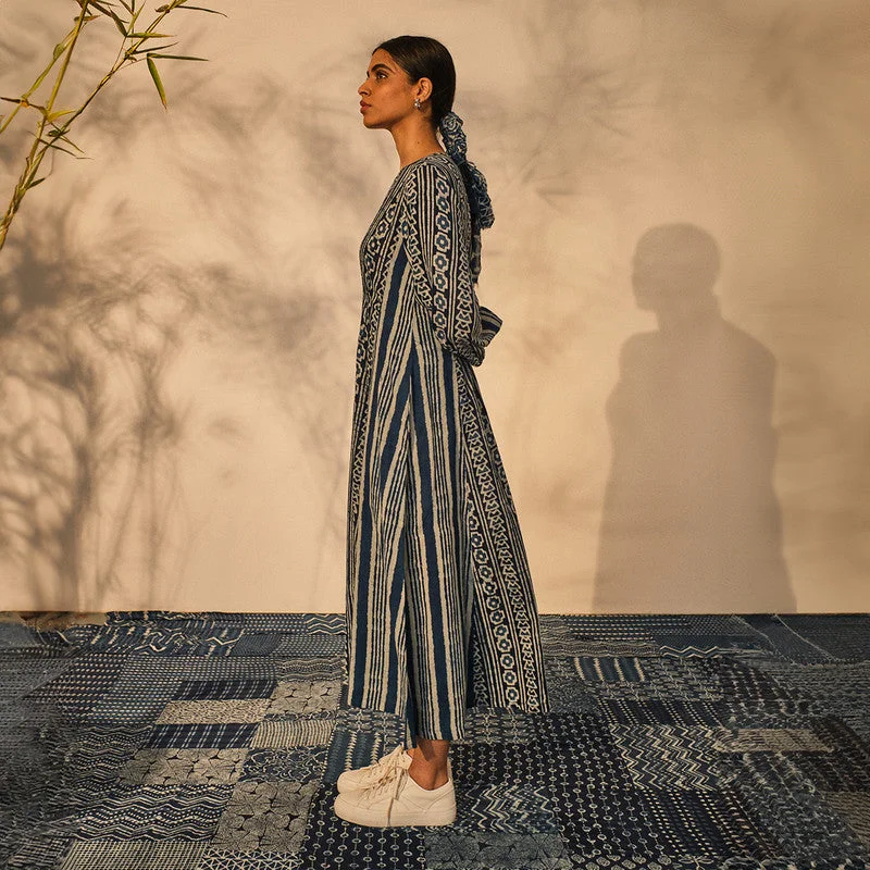 Cotton Maxi Dress for Women | Geometric Print | Indigo