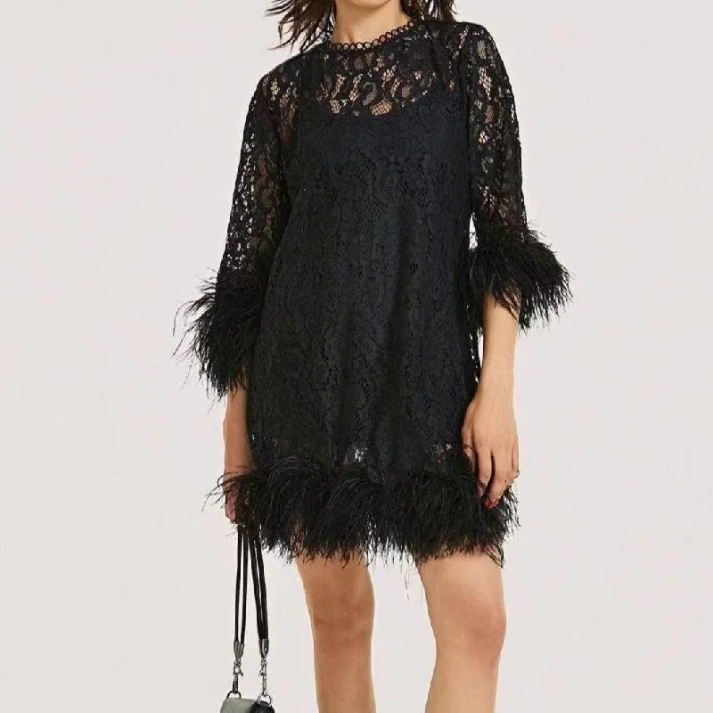 MegaBetty - Esmeralda Long Sleeve Lace Feather Trim Mini Dress