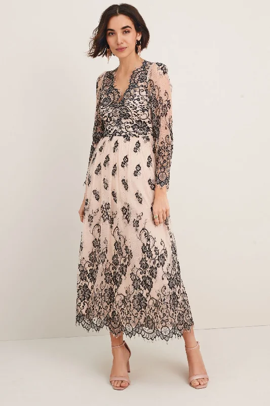 Cream/Black Next Long Sleeve Lace Midi Dress