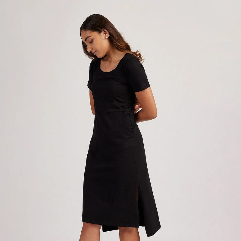 Black Midi Dress for Women | Cotton | Knee Length