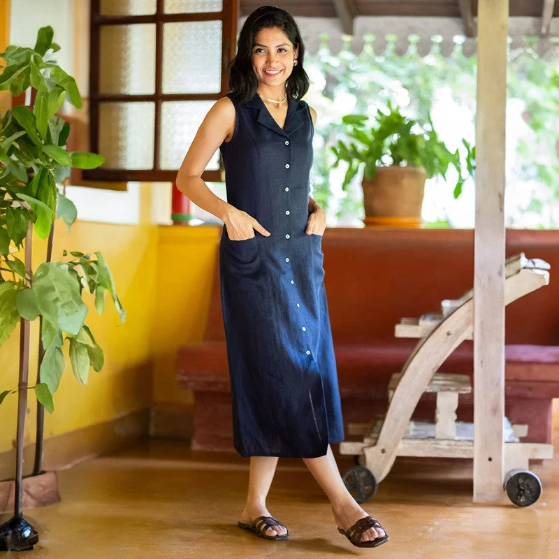 Linen Midi Sleeveless Dress | Navy Blue | Notch Collar