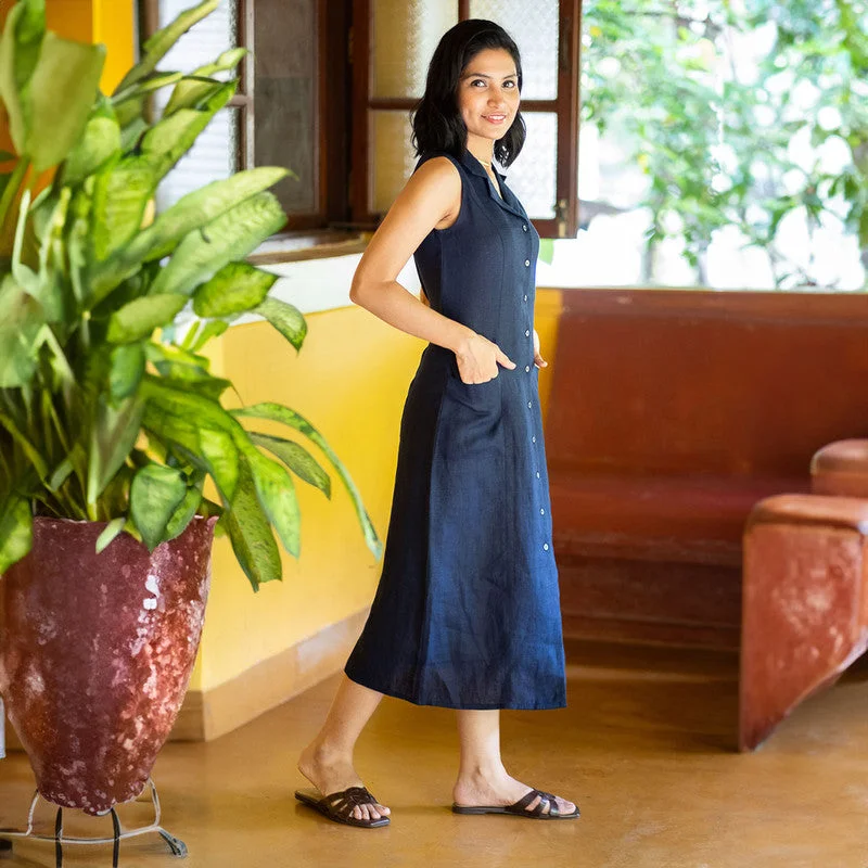 Linen Midi Sleeveless Dress | Navy Blue | Notch Collar