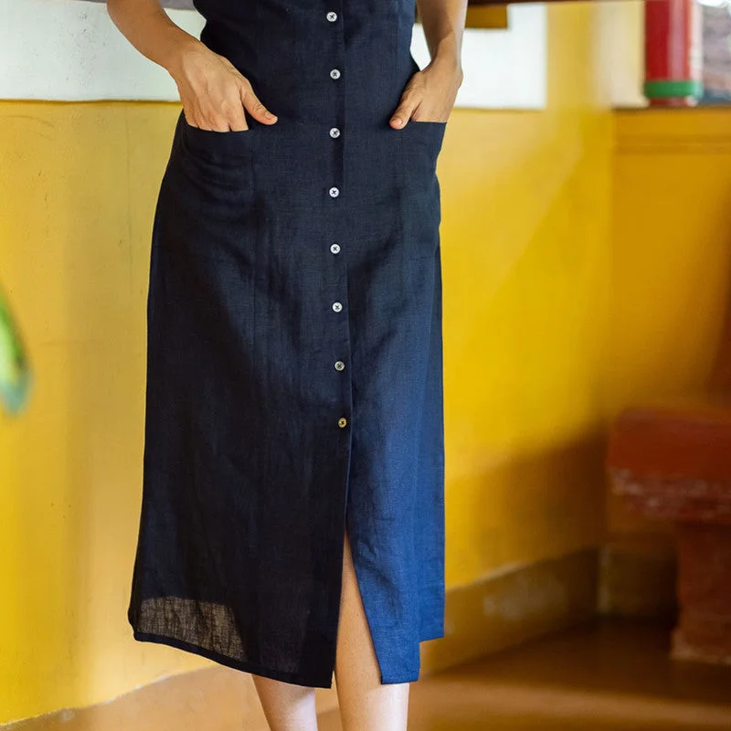 Linen Midi Sleeveless Dress | Navy Blue | Notch Collar