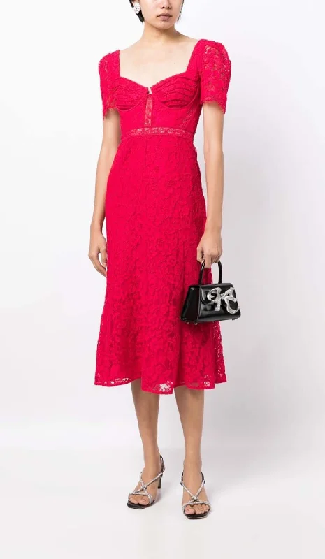 CREPE-TEXTURE LACED MIDI DRESS IN RED