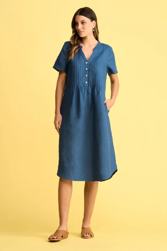 Pleat Front Midi Dress - Navy Cross Dye