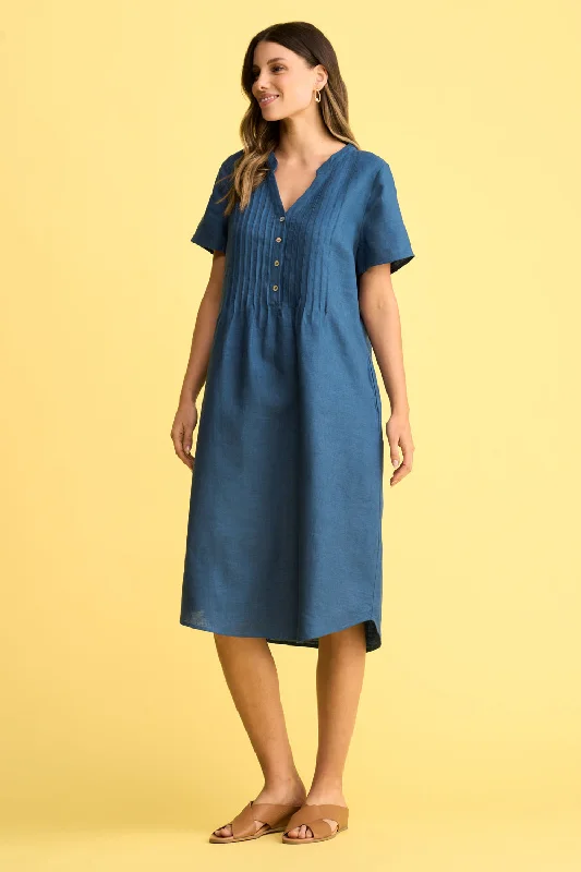 Pleat Front Midi Dress - Navy Cross Dye