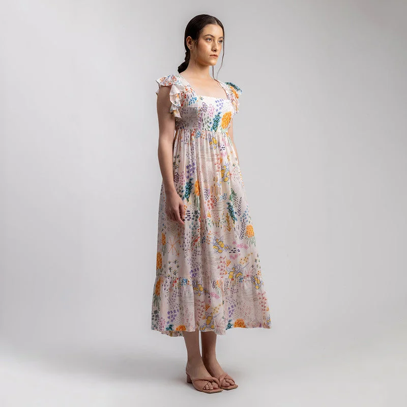 Upcycled Modal Midi Dress | Floral Printed | Back-Bow | Multicolour