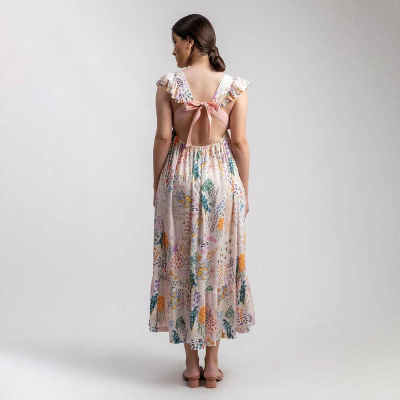 Upcycled Modal Midi Dress | Floral Printed | Back-Bow | Multicolour