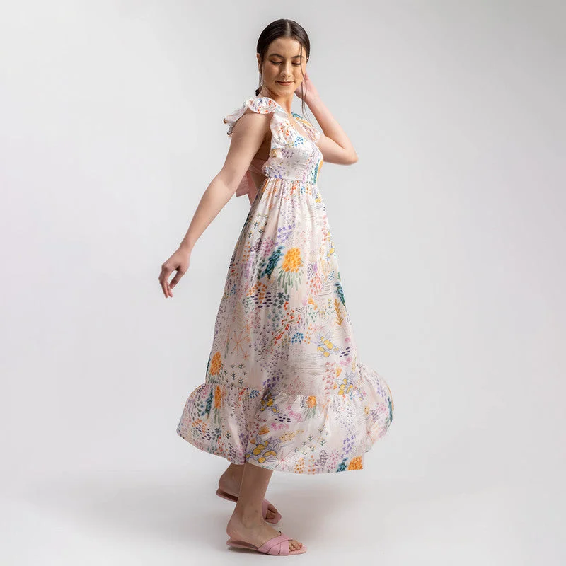 Upcycled Modal Midi Dress | Floral Printed | Back-Bow | Multicolour