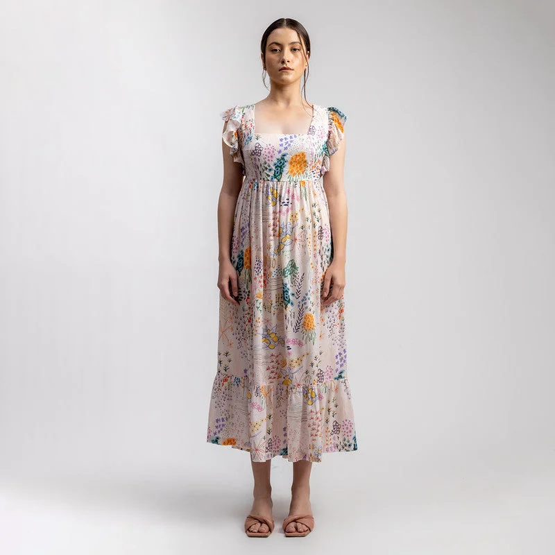 Upcycled Modal Midi Dress | Floral Printed | Back-Bow | Multicolour