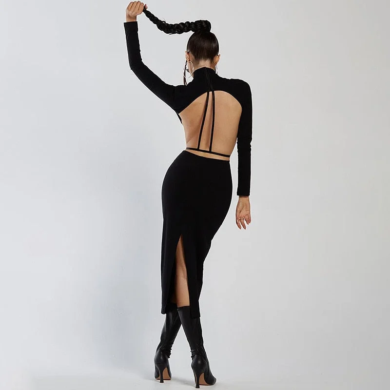 BerriesJam - Elegant Backless Long Sleeve Slit Bodycon Dress