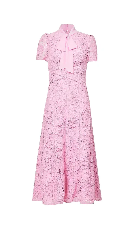 FLARED-HEM LACE MIDI DRESS IN PINK