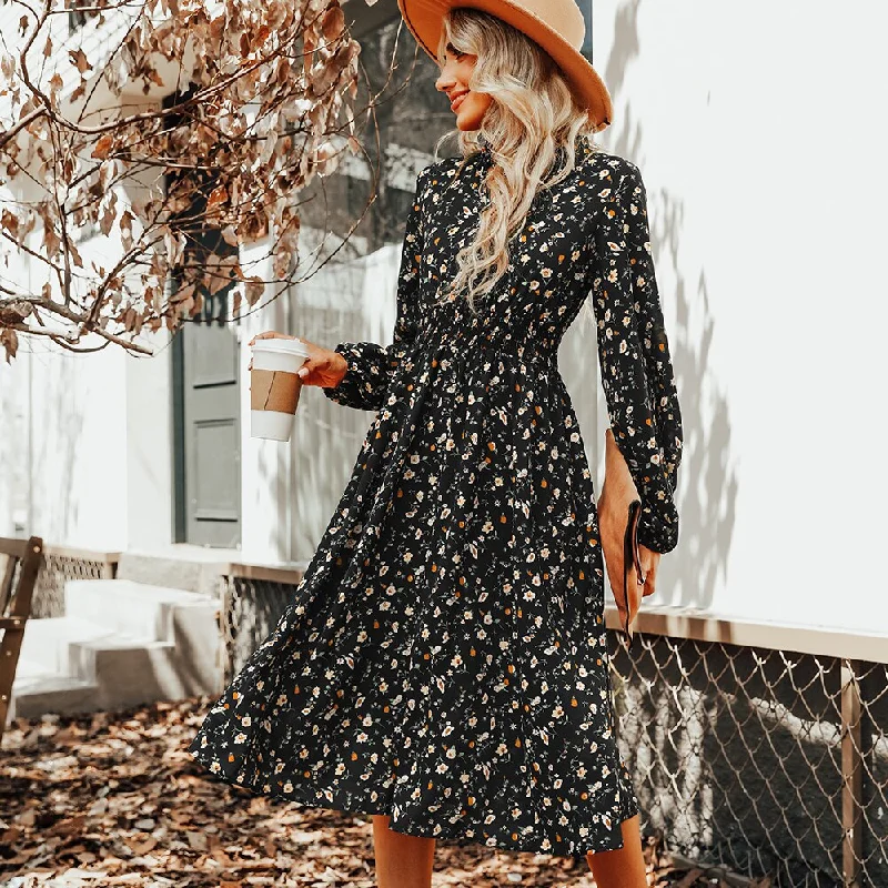 BerriesJam - Floral Banded Waist V-neck Long Sleeve Party Midi Dress