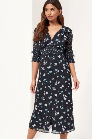 Floral Print Ruched Midi Dress Navy